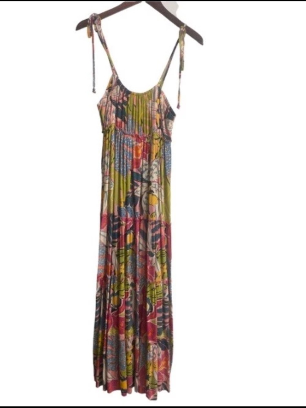 Angie Multi Color Floral Maxi Dress Spaghetti Strap Tie Back Size M Boho  Tiered